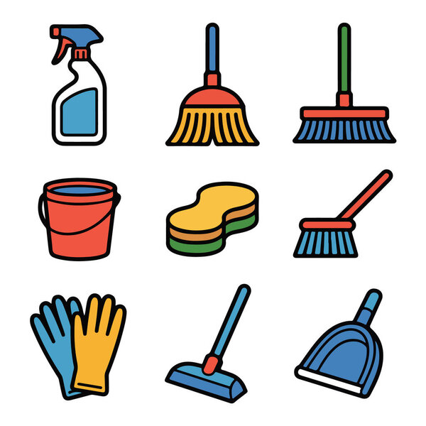 Векторное искусство коллекции чистящих средств, включая спрей-бутылку, метлы, ведро, губку, швабру, перчатки и совок на белом фоне