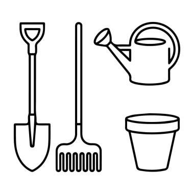 Kürek, tırmık, sulama tenekesi ve beyaz arka planda izole edilmiş esrar da dahil olmak üzere bahçe aletlerinin vektör sanatı