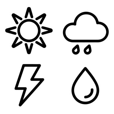 Güneş, yağmur, yıldırım ve beyaz zemin üzerinde izole su damlaları içeren hava ikonlarının taşıyıcı sanatı