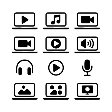 Beyaz arkaplanda izole edilmiş dijital ortam, teknoloji ve çevrimiçi içeriği temsil eden dizüstü simge koleksiyonu vektör sanatı