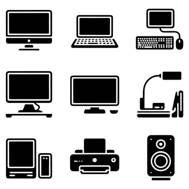 Beyaz arkaplanda izole edilmiş bilgisayar, laptop, klavye, fare, yazıcı ve hoparlör gibi bilgisayar ve ofis teknolojisi simgelerinin vektör sanatı