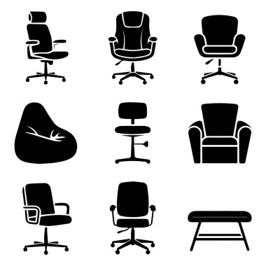 Beyaz arkaplanda izole edilmiş siyah ofis sandalyeleri ve mobilya siluetleri koleksiyonu vektör sanatı