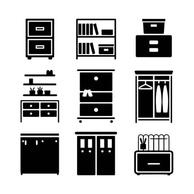 Beyaz arka planda izole edilmiş depolama ve organizasyon için siyah mobilya siluetleri seti vektör sanatı