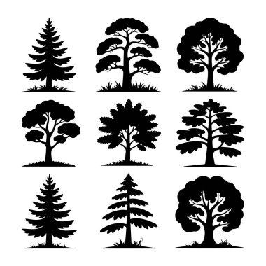 Beyaz arka planda izole edilmiş, yemyeşil ve yaprak döken türleri içeren dokuz siyah ağaç siluetinin vektör sanatı