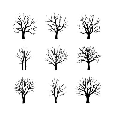 Beyaz arka planda izole edilmiş dokuz siyah siluet çıplak yapraklı ağaç koleksiyonu.