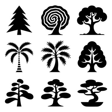 Beyaz arka planda izole edilmiş palmiye ve bonsai de dahil dokuz siyah siluet ağacının toplanma vektör sanatı