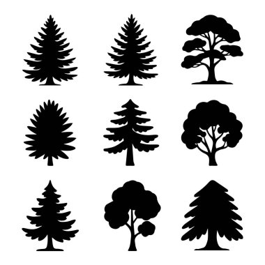 Beyaz zemin üzerinde izole edilmiş, çeşitli kozalaklı türleri temsil eden dokuz ayrı ağaç siluetinin vektör sanatı