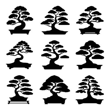 Beyaz arka planda izole edilmiş çömleklerdeki siyah siluet bonsai ağaçlarının vektör sanatı
