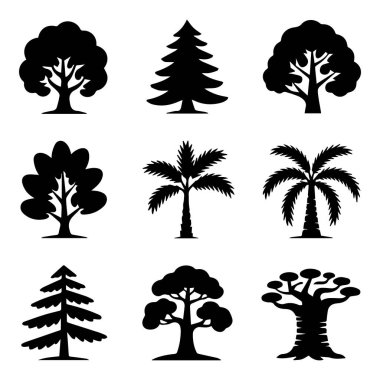 Beyaz arkaplanda izole edilmiş ağaç siluetleri koleksiyonu vektör sanatı