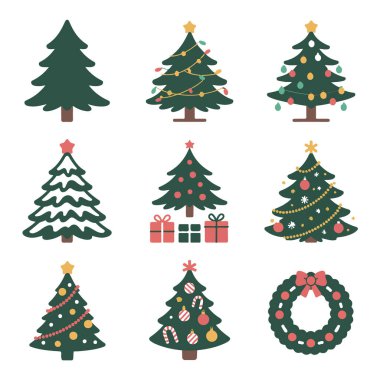 Süs, ışık ve hediyelerle süslenmiş dokuz noel ağacı ve bir çelenk koleksiyonu. Beyaz arka planda izole edilmiş.