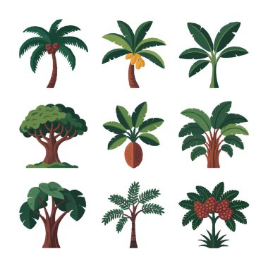 Beyaz arka planda izole edilmiş dokuz farklı tropikal ağaçtan ve meyveli palmiye ağaçlarından oluşan taşıyıcı sanat
