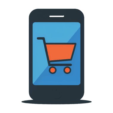 Beyaz arka planda izole edilmiş, çevrimiçi alışveriş ve ekommersi temsil eden, alışveriş arabası simgesiyle akıllı telefonun vektör sanatı