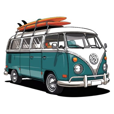Beyaz zemin üzerinde sörf tahtaları olan, deniz mavisi ve beyaz vintage minibüsün vektör sanatı