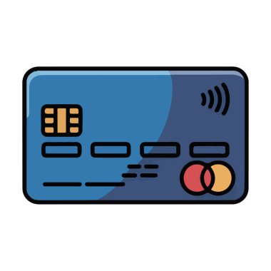 Mavi kredi kartı vektör sanatı, beyaz arka planda izole edilmiş, çip ve temassız ödeme sembolü.