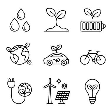 Yenilenebilir enerji, sürdürülebilirlik ve çevre dostu ulaşım için basit taslak simgelerinin toplanma vektör sanatı