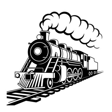 Demiryolu raylarında izole edilmiş buharlı lokomotif trenin vektör sanatı