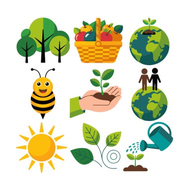 Ağaçlar, meyve sepeti, toprak, arı, tohum eken bir el, yeryüzündeki insanlar, güneş, yapraklar ve bir sulama tenekesi de dahil olmak üzere çevresel ve doğa ikonları toplama vektör sanatı.