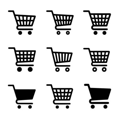 Perakende, ticaret ve tüketici satın alma faaliyetlerini temsil eden siyah alışveriş arabası simgelerinin vektör sanatı