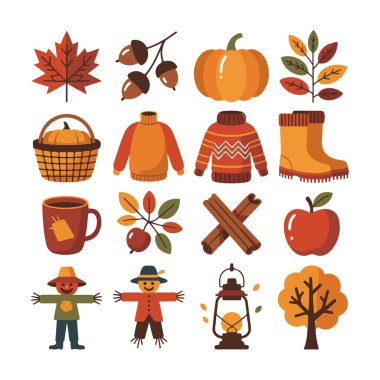 Sonbahar mevsimi elementlerinin toplanma sanatı: Akçaağaç yaprağı, meşe palamudu, balkabağı, kazak, bot, bardak, tarçın, elma, korkuluk ve beyaz arka planda izole edilmiş fener.