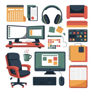 Beyaz arka planda izole edilmiş bilgisayar, mobilya ve örgütsel araçlarla ofis çalışma alanı vektör sanatı