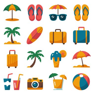 Yaz tatilinin vektör sanatı ve plaj, palmiye ağaçları, sörf tahtası, bavul, şemsiye, güneş gözlüğü, dondurma ve içecekler de dahil olmak üzere seyahat ikonları beyaz arka planda izole edilmiş.