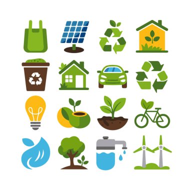 Güneş paneli, geri dönüşüm sembolü, elektrikli araba, ampul, bitki ve rüzgar türbini içeren çevre dostu ve yeşil enerji simgelerinin vektör sanatı beyaz arka planda izole edilmiştir.