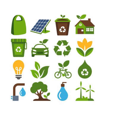 Güneş paneli, geri dönüşüm sembolü, elektrikli araba, ampul, bitki ve rüzgar türbini de dahil olmak üzere yeşil enerji ve çevre simgelerinin toplanma vektör sanatı beyaz arka planda izole edilmiştir.