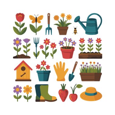 Çiçekler, sebzeler ve aksesuarlar da dahil olmak üzere renkli bahçe aletleri ve bitkilerinin beyaz bir arka planda izole edilmiş vektör sanatı