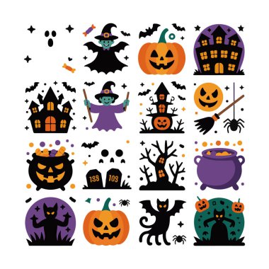 Cadılar Bayramı ikonlarının ve sembollerinin toplanma sanatı. Beyaz arka planda balkabakları, cadılar, hayaletler, perili evler, yarasalar, örümcekler ve kazanlar.