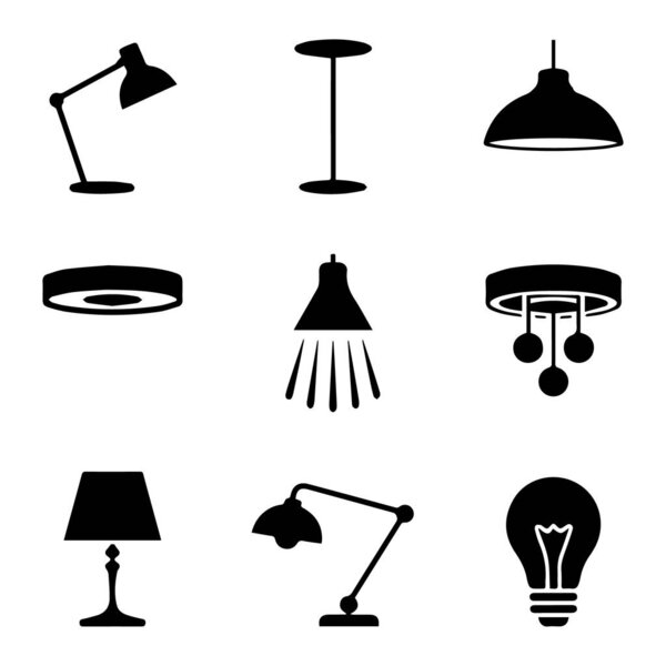 Векторное искусство разнообразной коллекции икон освещения с настольными лампами, напольными лампами и потолочными лампами, изолированными на белом фоне
