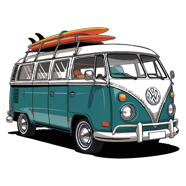 Beyaz zemin üzerinde sörf tahtaları olan, deniz mavisi ve beyaz vintage minibüsün vektör sanatı
