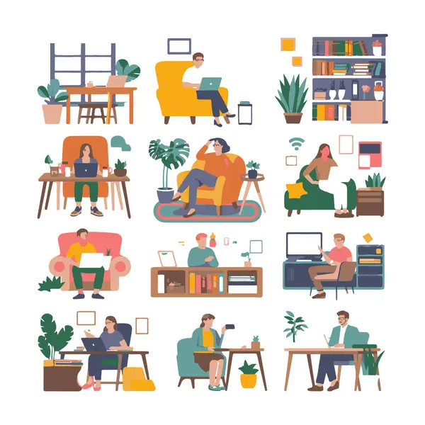 Çeşitli konforlu ortamlarda çalışarak ve çalışarak, uzaktan çalışmayı ve modern yaşam tarzını gösteren çeşitli insan gruplarının vektör sanatı