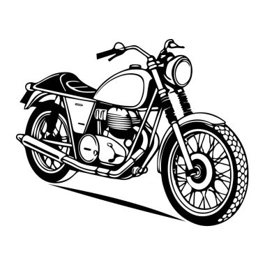 Detaylı bir motor, tekerlek ve gidonu olan klasik bir motosikletin siyah-beyaz çizimi vektör sanatı