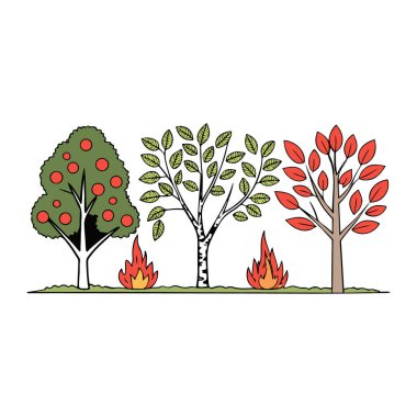 Üç ağacın vektör sanatı, biri elmalı, biri huş ağacı, ve biri kırmızı yapraklı, beyaz arka planda izole edilmiş alevlerin yanında duruyor.