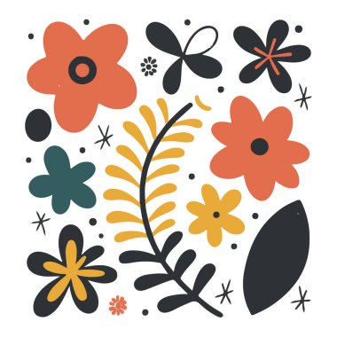 Beyaz arka planda izole edilmiş çeşitli renk ve şekillerde çiçek ve yaprak koleksiyonunun vektör sanatı