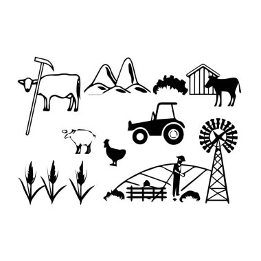 Hayvanların, traktörün, yel değirmeninin ve çiftçinin beyaz arka planda izole edildiği bir tarım elementleri koleksiyonu.