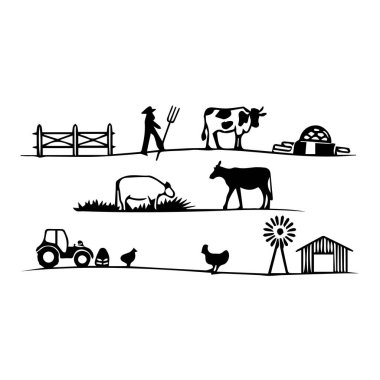 Hayvanların, traktörün, yel değirmeninin ve çiftçinin beyaz arka planda izole edildiği bir tarım elementleri koleksiyonu.