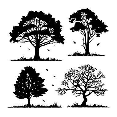 Kimisi yaprakları dökülen, beyaz bir zemin üzerinde izole dört ağaç siluetinden oluşan bir koleksiyon vektör sanatı