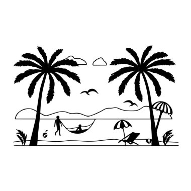 Palmiye ağaçları, hamak, şezlonglar ve stilize bir gökyüzünün altında kanoyla gezen bir insanın sakin tropikal plaj sahnesinin taşıyıcı sanatı.