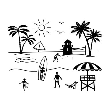 Canlı siyah beyaz bir illüstrasyonun vektör sanatı, palmiye ağaçları, sörfçüler ve bir cankurtaran kulesiyle dolu canlı bir yaz sahnesini tasvir eder.