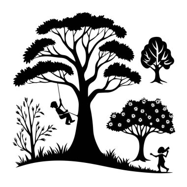 Ağaçların altında, salıncakta, parkvari bir ortamda oynayan çocukların siluet sahnesinin vektör sanatı.