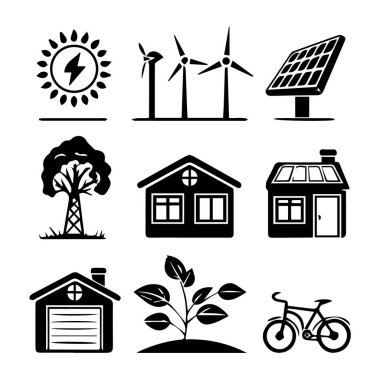 Beyaz arka planda izole edilmiş evler, güneş paneli, rüzgar türbinleri ve bisiklet gibi çevre dostu simgelerin toplanma vektör sanatı