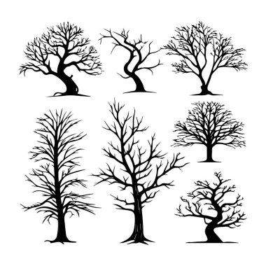 Yedi çıplak ağaç siluetinden oluşan bir vektör sanatı, beyaz arka planda izole edilmiş, karmaşık dallar sergiliyor.