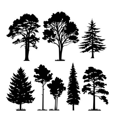Beyaz arkaplanda izole edilmiş çeşitli ağaç siluetlerinin bir koleksiyonu vektör sanatı