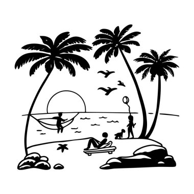 Hurma ağaçları, okyanus ve hamağın olduğu tropikal bir plaj tatilinin tadını çıkaran aile sanatı.