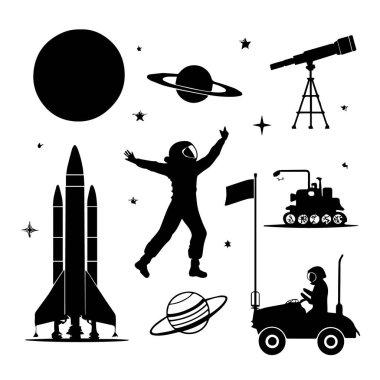 Roketler, astronotlar, UFO 'lar, gezegenler ve beyaz arka planda izole edilmiş bir gezgin de dahil olmak üzere uzay keşif ikonları koleksiyonunun vektör sanatı