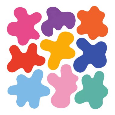 Renkli, soyut organik şekillerin, parlak bir arka planda izole edilmiş boya sıçramaları veya kabarcıkları andıran canlı ve eğlenceli bir düzenleme vektör sanatı