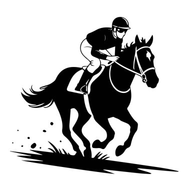 Dinamik bir siluet çizimi olan vektör sanatı, yarış sırasında at süren jokeyin beyaz bir arka planda izole edilmiş halidir.