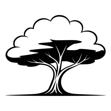 Beyaz bir arka planda izole edilmiş, tam tepe örtüsü, görünür gövdesi ve dalları olan bir ağacın biçimlendirilmiş siyah silueti.