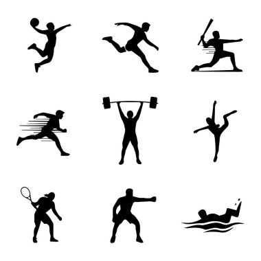 Beyaz arka planda izole edilmiş çeşitli spor ve fitness etkinlik siluetleri koleksiyonu vektör sanatı